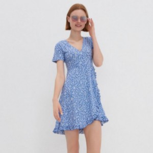 Mini length Wrap around neckline Short sleeve Floral Dress